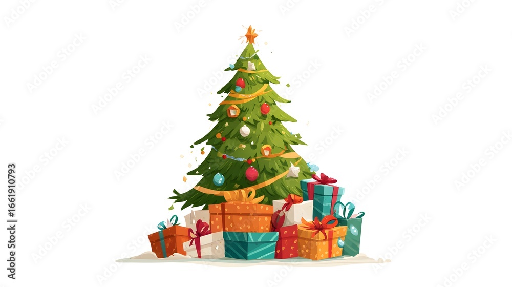 Fototapeta premium A decorated Christmas tree surrounded by colorful gifts, symbolizing the holiday season joy and excitement