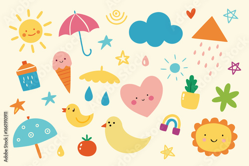 Cheerful Childlike Doodle Art Featuring Sun, Rain, Cloud, Stars, Birds, and Smiling Emoticons