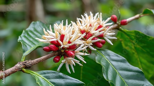 Coffee Plant Blossom and Fruit on Branch Close Up