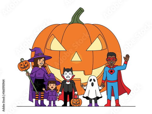 Happy Halloween: A heartwarming depiction of costumed figures gathering in front of a jovial pumpkin, embodying the festive spirit and family unity of the spooky season.