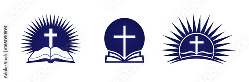 Set of Christian creative icons. Branding concept. Religious cross, shiny sun and open book. Educational symbols. Isolated cut elements. Flat design