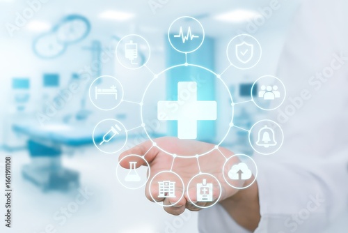 Wallpaper Mural A hand holds a digital interface of medical icons, showcasing a network of healthcare services in a soft focus hospital setting. Torontodigital.ca