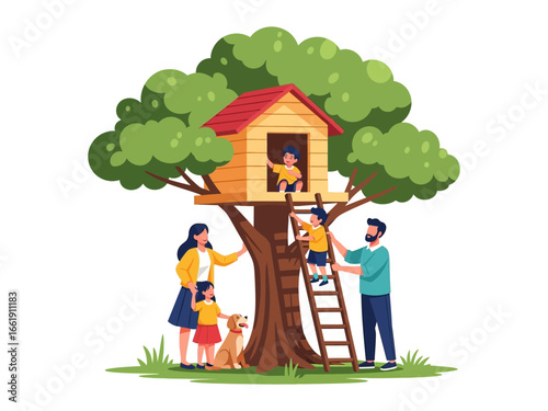 Happy Family in Tree House: A joyful family scene unfolds around a charming tree house, where children play. A heartwarming portrayal of togetherness, connection, and the simple joys of childhood.