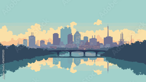 Toledo, Ohio – Glass City skyline with Maumee River and industrial silhouettes, palette: glass teal, rust, river gray, dusk blue