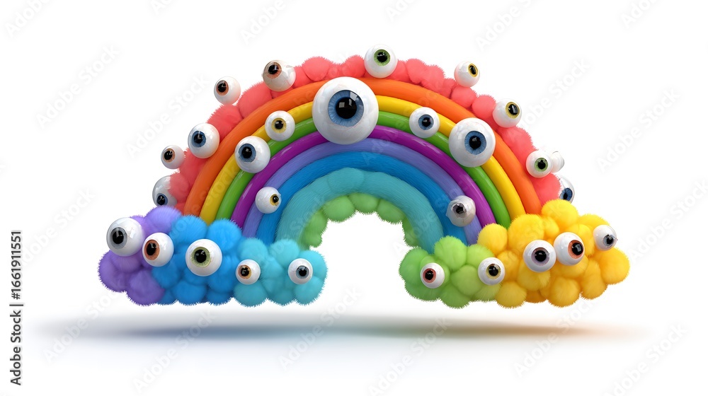 Obraz premium A whimsical, colorful rainbow adorned with numerous eyes, a vibrant and imaginative creation.
