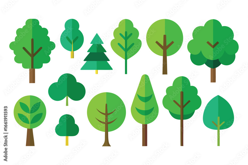 Fototapeta premium Collection of Green Trees with Diverse Shapes and Colors for Ecological Illustration Projects
