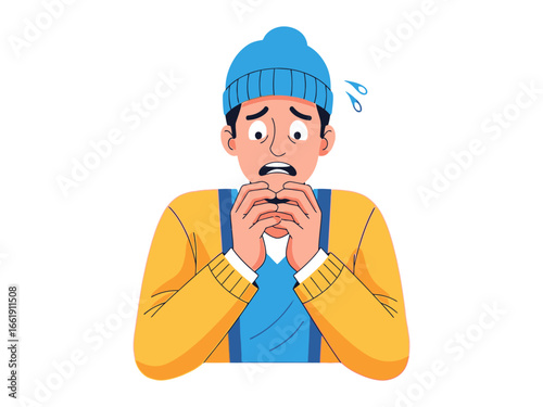 Apprehensive Thought: A man with an expression of fear and anxiety, biting his fingernails as he contemplates a difficult situation.