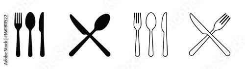 Vector art of a set of cutlery icons featuring forks, spoons, and knives in various arrangements, including crossed and sidebyside configurations