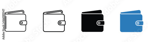 Illustration of wallets in different styles and colors, showcasing various designs and representing financial concepts such as money, payment, and security