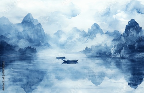 A minimalist landscape featuring fishing boats on a large river and distant blue mountains is depicted in a blue ink wash painting, characteristic of traditional Japanese sumi-e