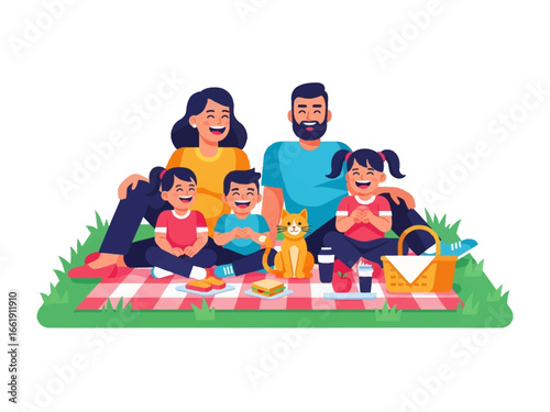 Joyful Family Picnic in the Park: Capturing a happy family enjoying a lively picnic on a checkered blanket in a sun-kissed park, surrounded by snacks.