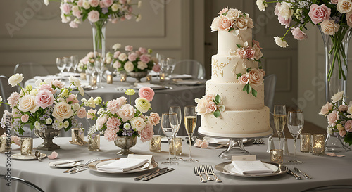 Elegant wedding reception table with tiered cake, champagne flutes, floral decorations, and fine dining setup, romantic celebration photography, luxury event décor, festive banquet atmosphere, love an