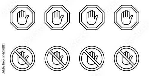 Vector art of collection of stop hand signs and prohibition symbols, representing restriction, warning, and safety measures in various contexts and applications