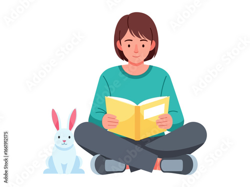 Cozy Reading Nook: A young individual finds solace and joy, seated cross-legged, immersed in a captivating story, their attention undivided. A companion bunny sits by side.