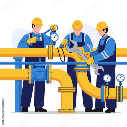 Skilled technicians performing industrial pipeline maintenance and repair with precision tools