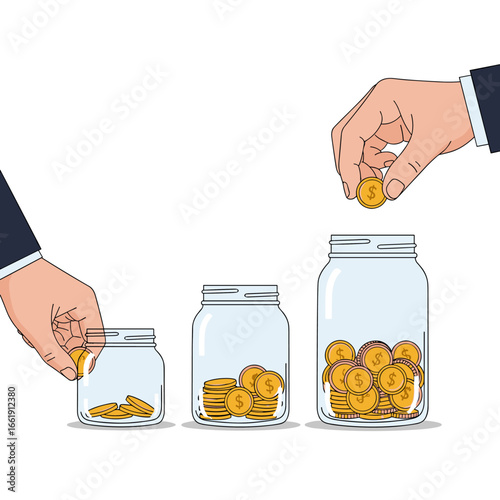 Financial growth illustrated by depositing coins into three jars of increasing size