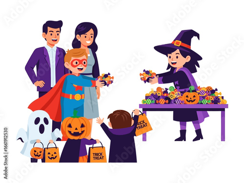Halloween Candy Exchange: A scene from Halloween depicting children exchanging candy with a girl dressed as a witch.