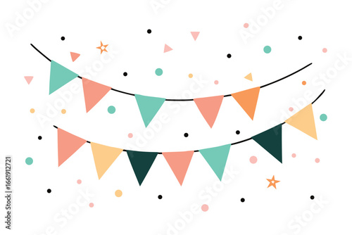 Colorful Triangle Flags Banner Decoration with Confetti on White Background, Festive Celebration
