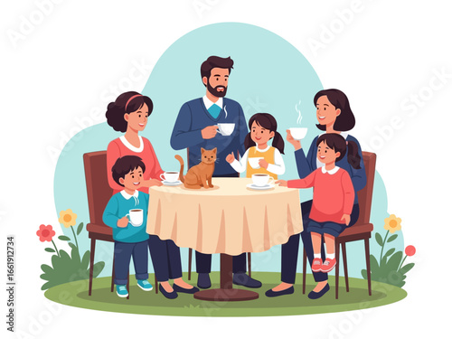 Family Bonding Over Tea: A heartwarming scene unfolds as a family enjoys a leisurely tea time in a beautiful garden, creating cherished moments of togetherness and joy.