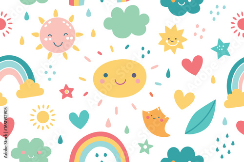 Cute Cartoon Weather Pattern Smiling Sun, Rainbow, Clouds, Stars, Hearts, and Raindrops on White