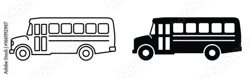 Vector art of two school buses, one in outline and one in solid black, providing safe and reliable transportation for students, ensuring a smooth commute