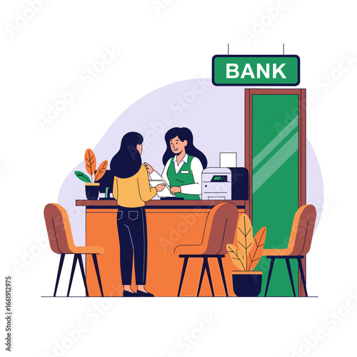 Customer interaction at a bank teller counter receiving financial services from a professional employee