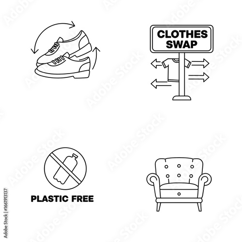 Icon set for sustainable living with shoes, recycling, and furniture  