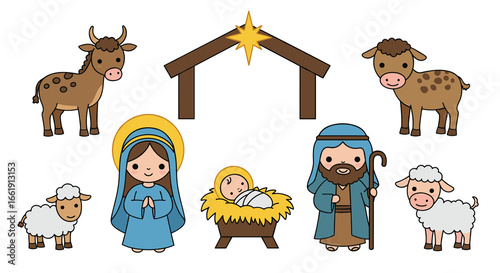 Nativity scene with Mary, Joseph, baby Jesus, and farm animals  