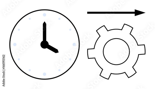 Clock with hands showing time, gear symbolizing processes, and arrow indicating direction and progress. Ideal for productivity, workflow, efficiency, planning, teamwork, automation simple landing