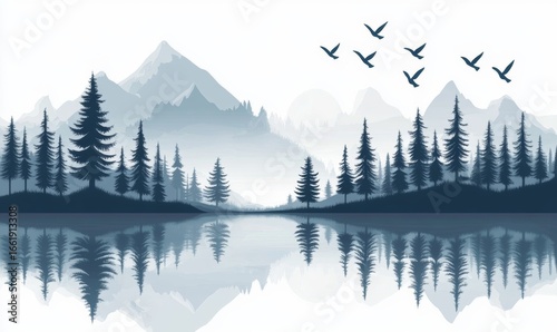 A contemporary landscape features blue outlines of mountains, hills, and forest set against a sky filled with clouds and birds
