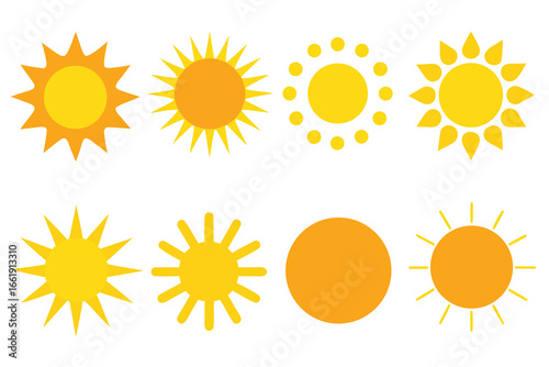 Eight Different Sun Icons in Yellow and Orange on White Background Design