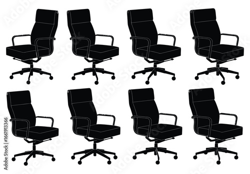 Vector art of a set of eight black office chairs with adjustable height and swivel feature, perfect for any workspace, providing comfort and ergonomic support