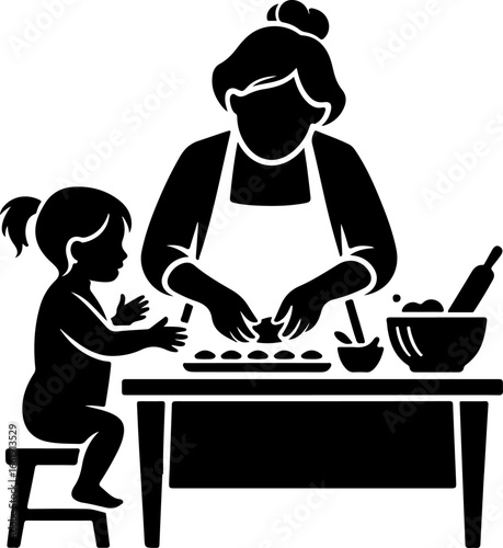 A warm and cozy silhouette of a grandmother baking with her grandchild at a kitchen counter or table