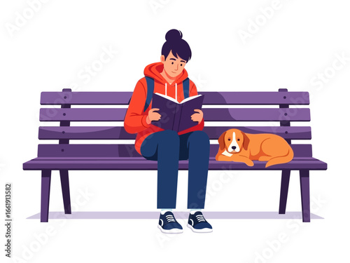 Bookworm and Dog: A young woman with a backpack, engrossed in a book, is enjoying a relaxing moment with her dog. sitting together on the bench with love.