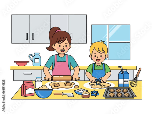 Baking Together: A heart-warming illustration capturing a mother and child joyfully baking cookies, symbolizing shared moments and the sweetness of family time in a kitchen.