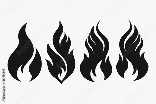Four Black Fire Flame Icons with Unique Shapes Isolated on a White Background