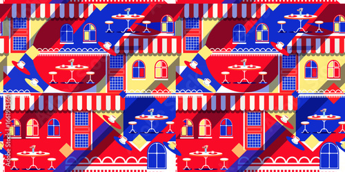 European street café restaurant sidewalk coffee shop bistro cityscape urban outdoor scene Old fashioned café terrace sunset day, coffee caps shadow, showcase food concept modern flat design pattern