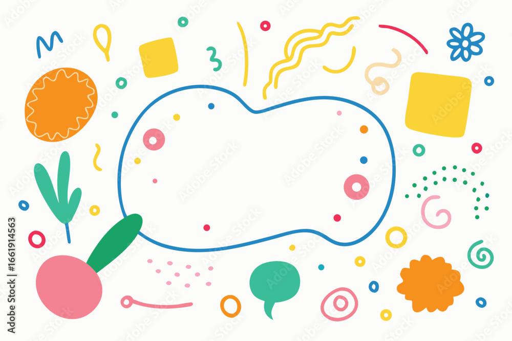 Fototapeta premium Fun Playful Colorful Illustration with Shapes, Lines, and Dots around a Blue Organic Frame