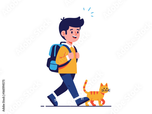 Journey to School: An illustration depicts a cheerful schoolboy, a backpack slung over his shoulders, striding confidently beside a playful tabby cat, exuding youthful energy and a zest for learning.
