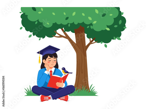 Academic Contemplation: A student, robed in graduation attire, finds solace under a tree, absorbed in a book, as a bird perches nearby. The image suggests the tranquility of knowledge acquisition.