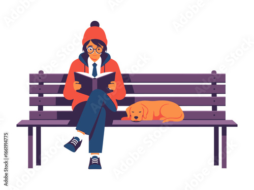 Reading Time with Companion: A person sits on a wooden bench, deeply engrossed in a book while their loyal dog rests contentedly beside them.