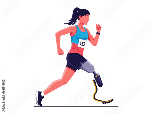 Adaptive runner: A determined adaptive runner is sprinting with a prosthetic leg, symbolizing perseverance, strength, and the spirit of overcoming obstacles.