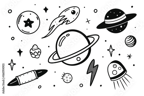 HandDrawn Space Icons Planets, Comet, Rocket, Stars, Lightning on White Background, Isolated Design Elements