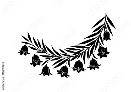 Elegant Black Silhouette of Bellflowers and Foliage Arching Design