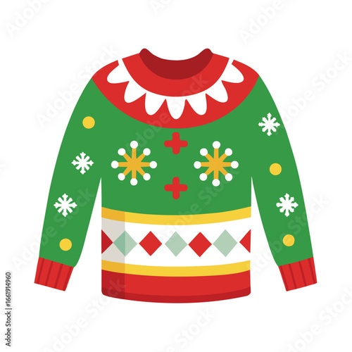 Illustrated Christmas Sweater with Snowflakes, Circles, and Diamond Pattern on a White Background