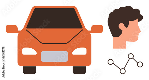 Orange car front, human profile, and abstract network icon representing concepts thumbs up driving, technology, innovation, connectivity, analytics. Ideal for transport, AI data communication