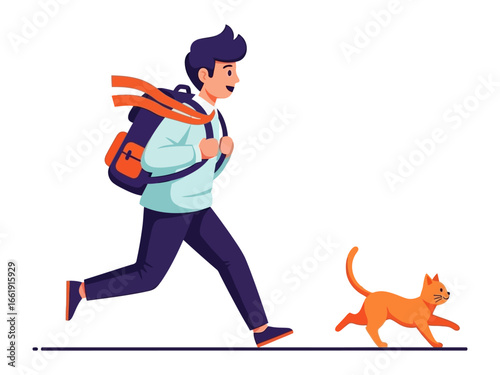 Chasing After: A young person sprints across a pathway, with a vibrant cat tailing close behind, their figures are silhouetted against a plain backdrop in a lively chase scene.