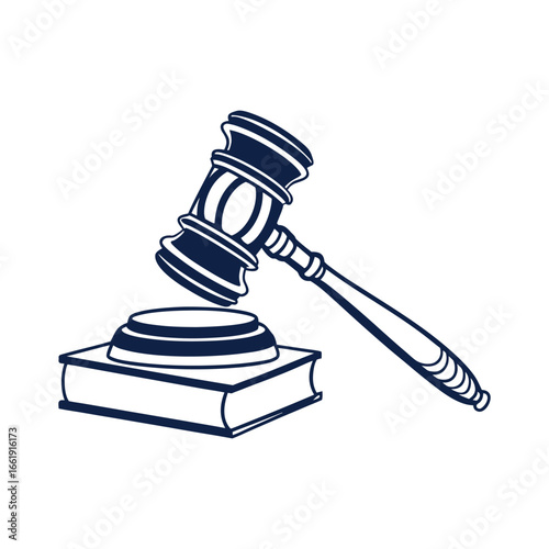 Dark blue gavel striking a book and sounding block outline vector