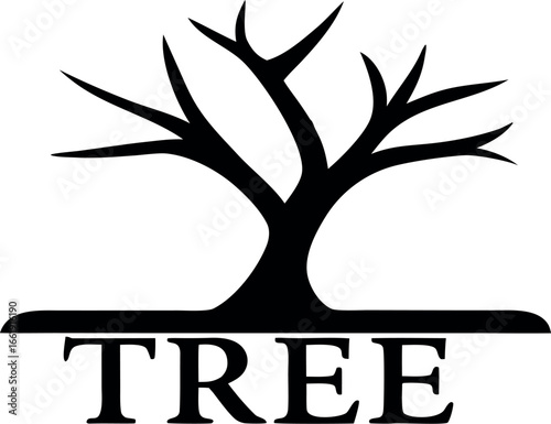 A simple black and white illustration of a tree with the word tree beneath it