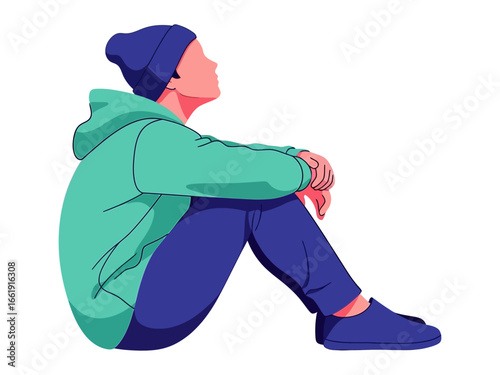 Solitude's Embrace: A figure reclines in pensive solitude, with his gaze focused upward and inwards, in a vector graphic illustration emphasizing introspection and reflection.